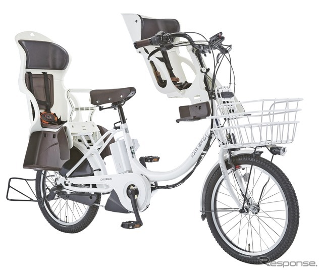 ルイガノ初の3人乗りに対応した電動アシスト自転車「アセントデラックス」。前後子供乗せはオプション。