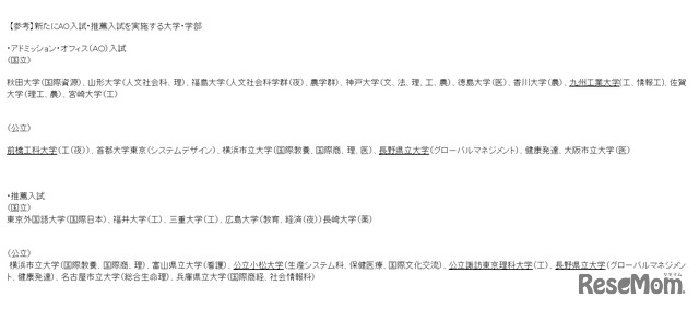 新たにAO入試・推薦入試を実施する大学・学部