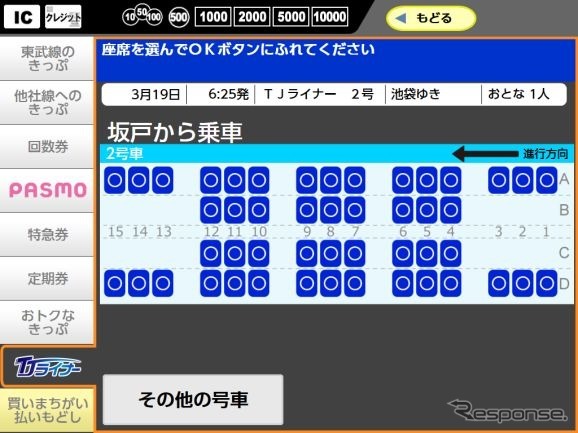 自動券売機で表示される座席指定選択画面のイメージ。