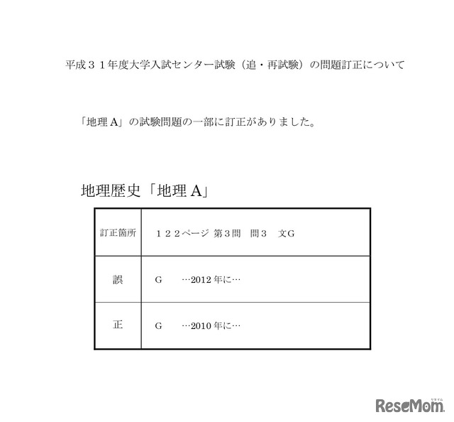 平成31年度大学入試センター試験（追・再試験）地理歴史「地理A」第3問・問3の問題訂正