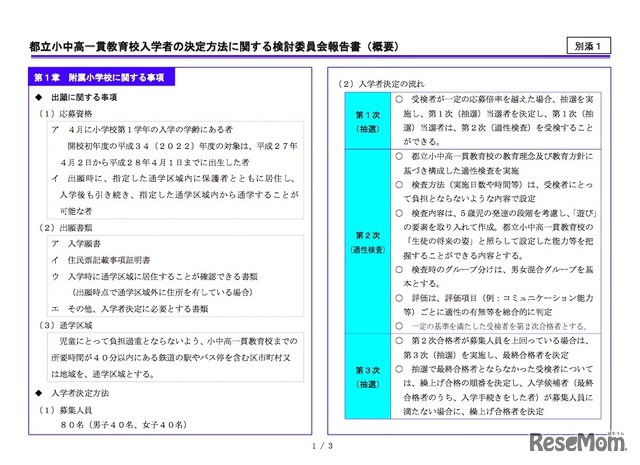 都立小中高一貫教育校入学者の決定方法に関する検討委員会報告書（概要）