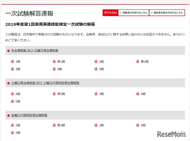 2019年度第1回実用英語技能検定一次試験の解答