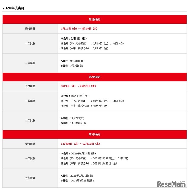 英検2020年度試験日程