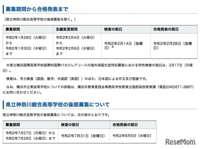 2020年度（令和2年度）神奈川県公立高等学校入学者選抜　海外帰国生徒特別募集の募集期間から合格発表まで、神奈川総合高等学校の後期募集について