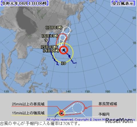2019年8月13日午前6時現在の台風10号の経路図