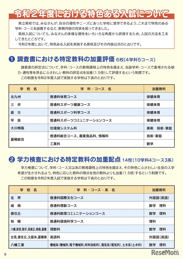 福岡県 令和2年度（2020年度）における特色ある入試について