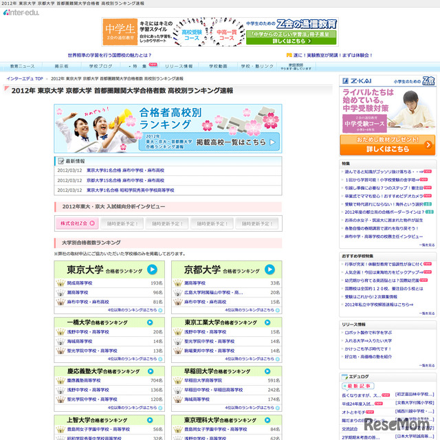 2012年 東京大学 京都大学 首都圏難関大学合格者数 高校別ランキング速報