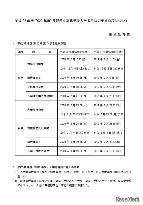 入学者選抜の日程