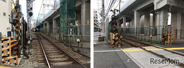 （左）青木駅西踏切、（右）青木古堂町踏切