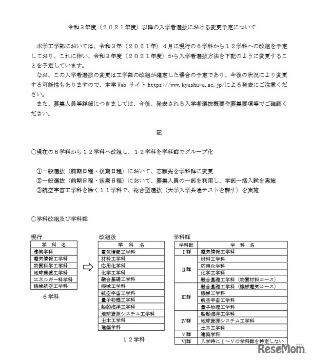 工学部・2021年度以降の変更予定について