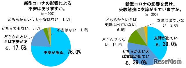 新型コロナの影響による不安はあるか／新型コロナの影響を受け、受験勉強に支障が出ているか