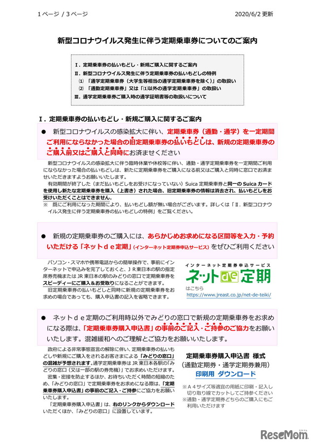 定期乗車券の払い戻し・新規ご購入に関するご案内