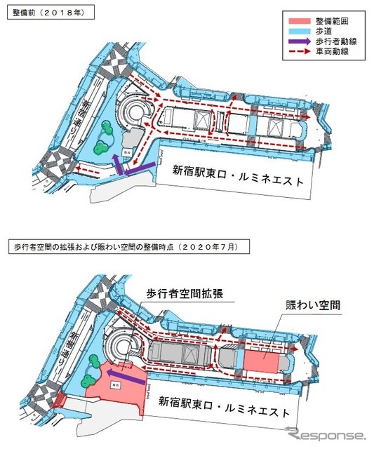 東口駅前広場に整備される歩行者空間と賑わい空間の概略。歩行者空間は新宿通り方へ拡張され、車両動線が大きく変わる。