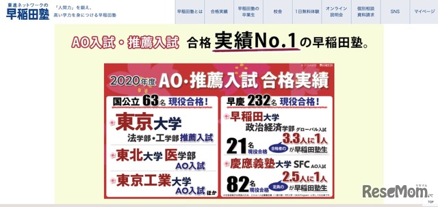 早稲田塾 2021年度AO・推薦入試 合格実績
