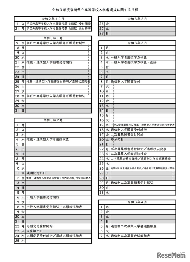 令和3年度宮崎県立高等学校入学者選抜に関する日程