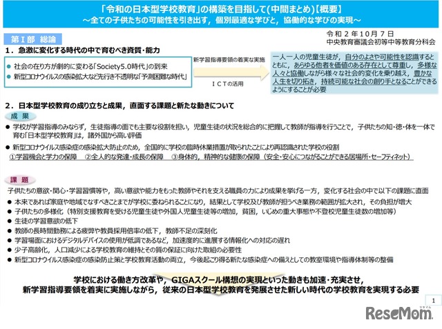 「『令和の日本型学校教育』の構築を目指して」中間まとめ・概要（一部）