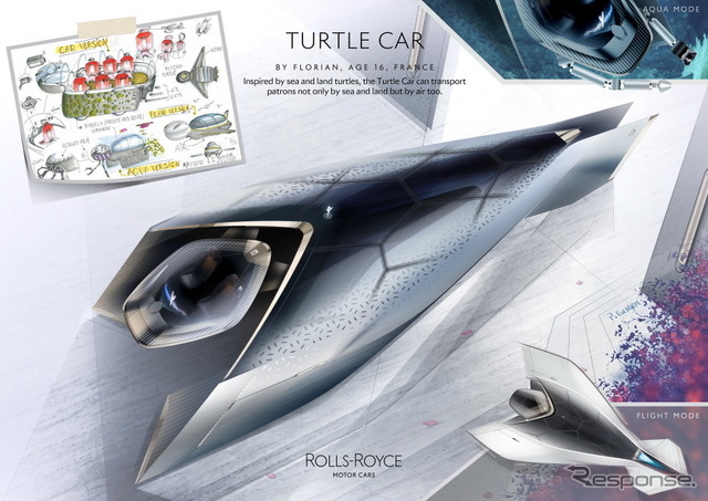 フランスのFLORIAN（16歳）の「TURTLE CAR」の原画とロールスロイスによるデザインレンダリング。ファンタジー部門の最優秀作品