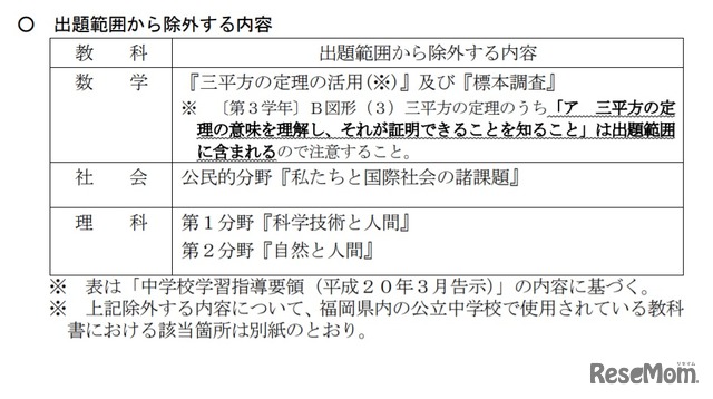 出題範囲から除外する内容（数学・社会・理科）