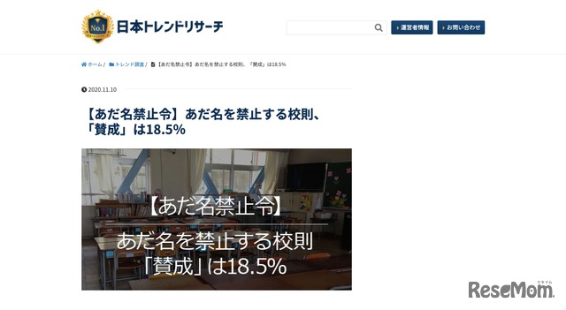 日本トレンドリサーチ　【あだ名禁止令】あだ名を禁止する校則、「賛成」は18.5％