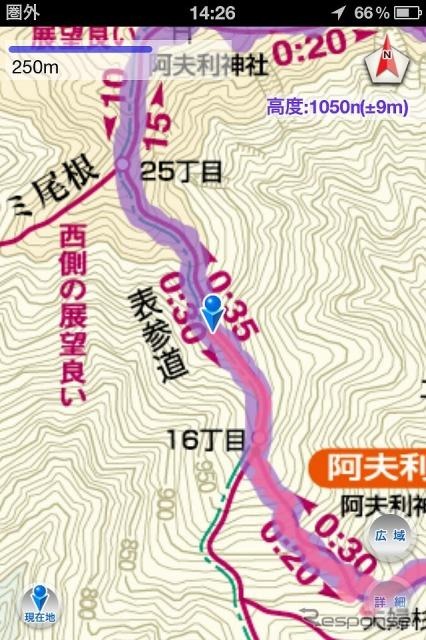 昭文社 山と高原地図 iPhoneアプリ  取り込んだルート上を歩く