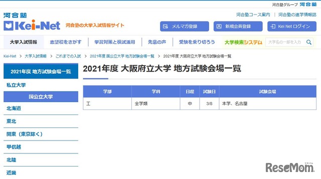 2021年度 大阪府立大学 地方試験会場一覧