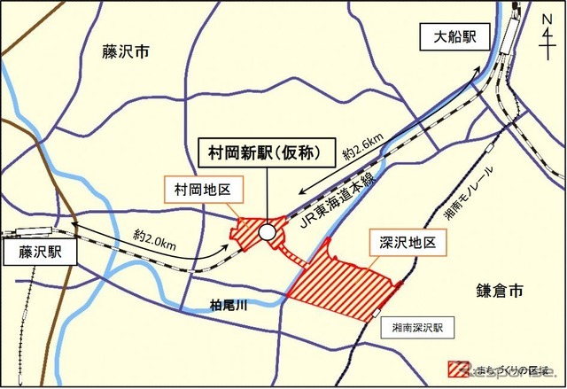 仮称「村岡新駅」の位置。湘南モノレール湘南深沢駅に近い。