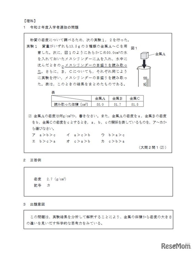 思考力・判断力・表現力などをみる問題の例（理科）