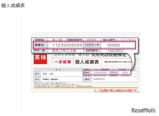 英検IDの記載場所（個人成績表）