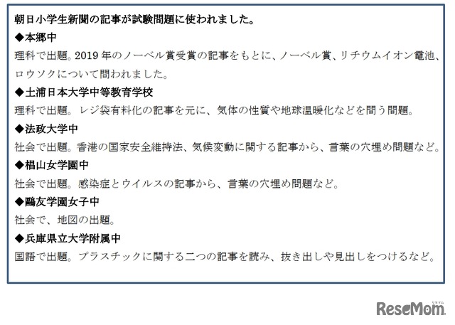 朝日小学生新聞の記事が試験問題に使われた例