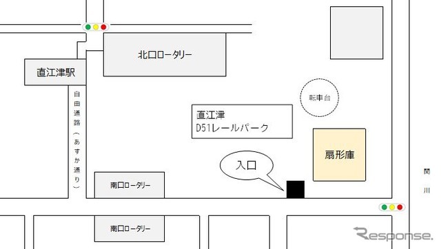 「直江津D51（デゴイチ）レールパーク」の位置。直江津駅南口から徒歩3分。