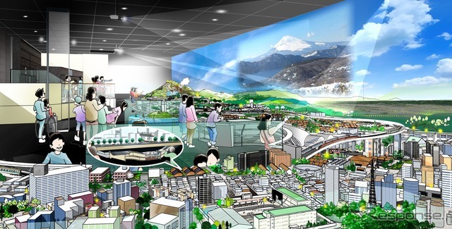 2階「ジオラマパーク」のイメージ。「近郊区間の複々線といった鉄道設備から箱根・江の島・大山などの観光地まで、小田急線の特徴や魅力を、HOゲージを中心に再現します」としており、背景は列車の動きに応じて変わるスクリーンとなる。
