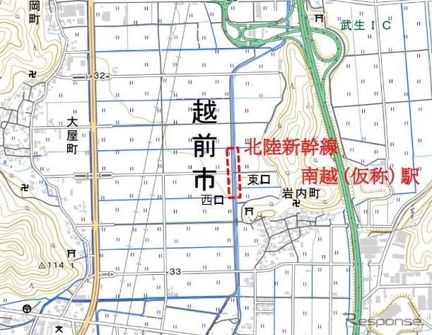 北陸新幹線「越前たけふ」駅（仮称・南越駅）の工事位置。福井鉄道の越前武生駅は直線距離でここから北西約2.7kmの位置にある。