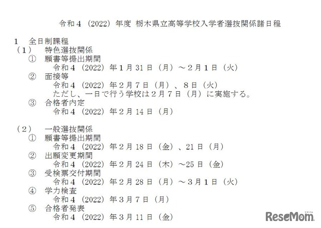 2022年度栃木県立高等学校入学者選抜日程（全日制）