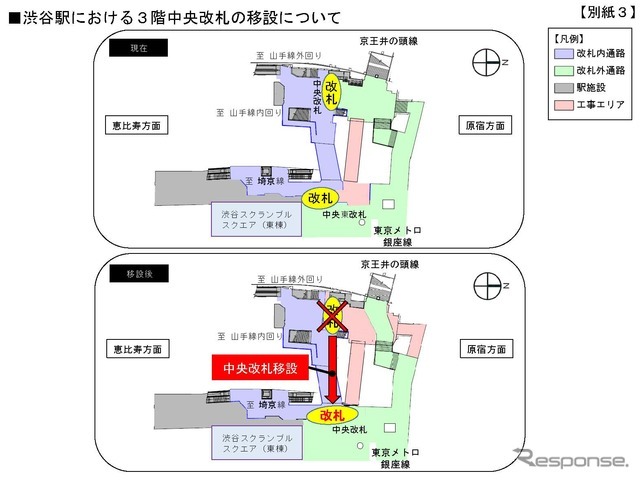 工事の進捗に伴ない、3階の中央改札が移設される。