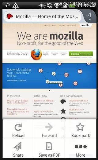 新しいAndroid版Firefox（英語版）のメニュー部分