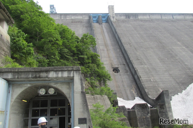 搬入口からダムの外に出て見上げると、ダムの大きさがわかる（6月撮影時のようす）