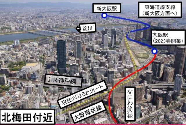 関空へのアクセス改善が期待されている、なにわ筋線北梅田付近のルート。JR西日本と南海が相互に乗り入れ、大阪中心部と関空の間は現行より20分程度短縮した40分程度で結ばれる計画。