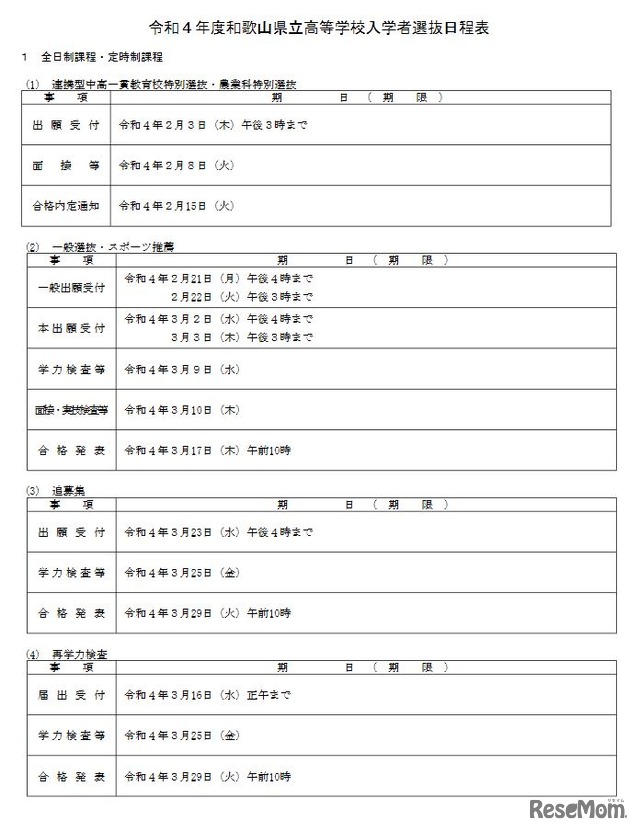 令和4年度和歌山県立高等学校入学者選抜日程表
