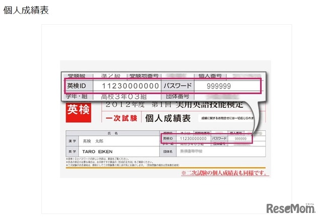 英検IDの記載場所（個人成績表）