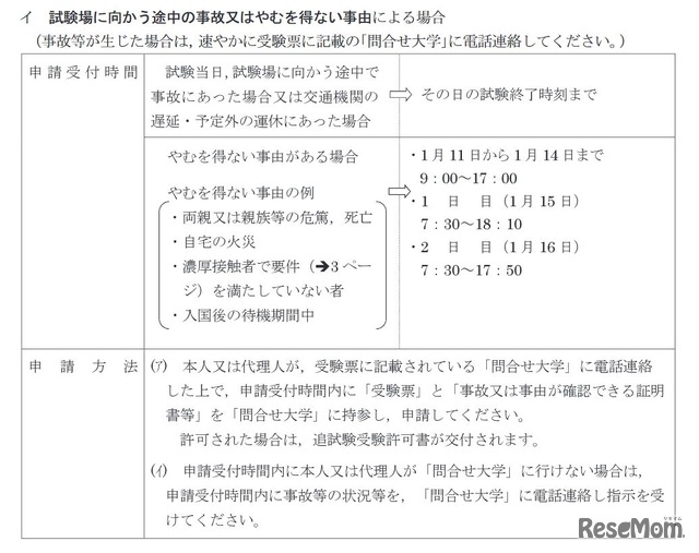 追試験の受験申請（試験場に向かう途中の事故またはやむを得ない事由による場合）