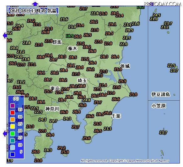 気象庁アメダスによる関東地方の気温（13時時点）