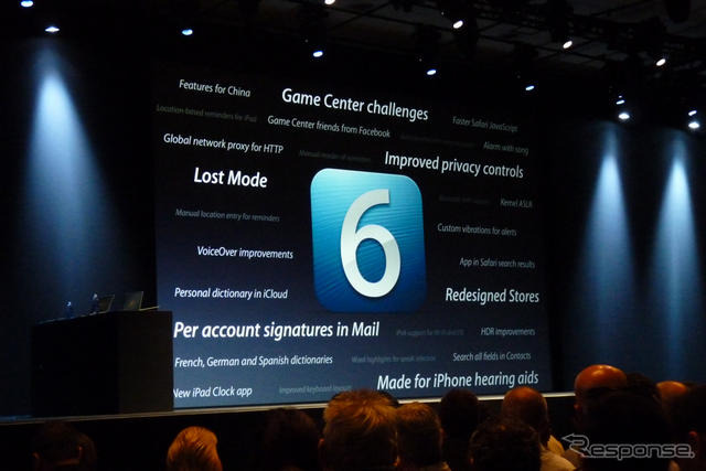 アップルの開発者向けイベントWWDC 2012（Apple World Wide Developpers Conference 2012）の基調講演、iOS 6のプレゼンテーションの様子。