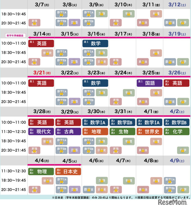 高校生　授業日程（日程は変更する場合がある）