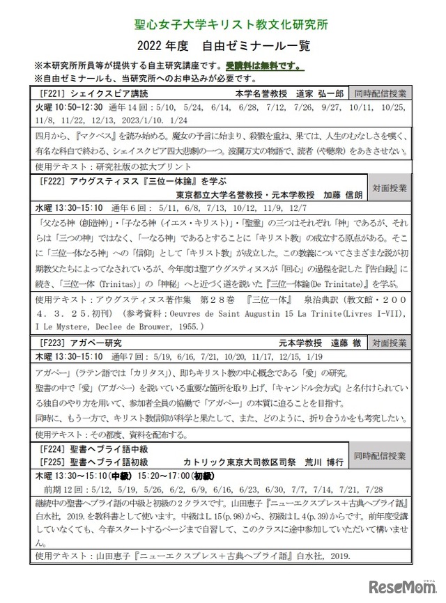 キリスト教文化研究所「自由ゼミナール」講座一覧