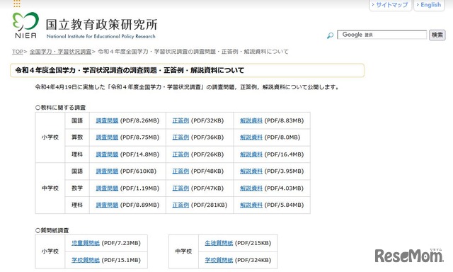 2022年度全国学力・学習状況調査の調査問題・正答例・解説資料について