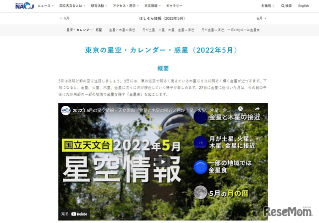 東京の星空・カレンダー・惑星（2022年5月）