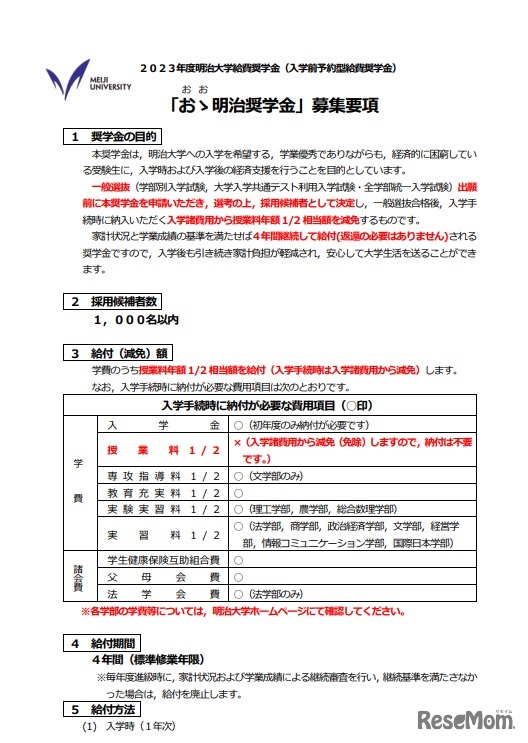 明治大学「おゝ明治奨学金」の募集要項（一部）