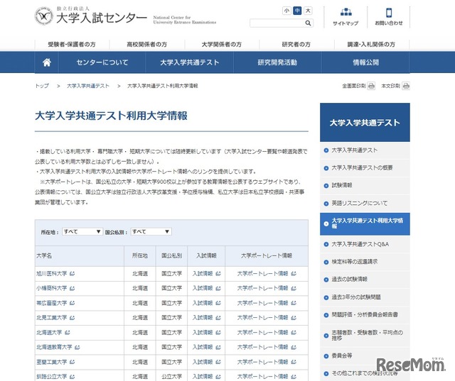 共通テスト利用大学情報