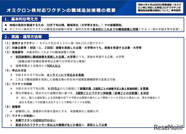 オミクロン株対応ワクチンの職域追加接種の概要