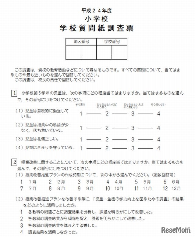 2012年度　小学校　学校質問紙調査票